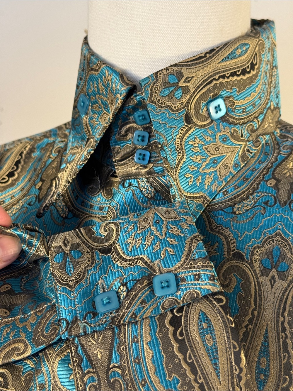 Angelino for Bermuda Luxe Paisley Satin Button Up Shirt Blue Gold XL